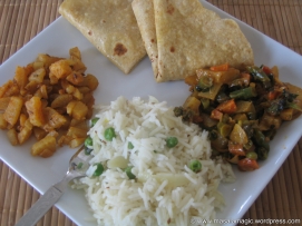 Peas Pulav, Phulkas or Roti, Radish Sabji and Kadai Vegetables